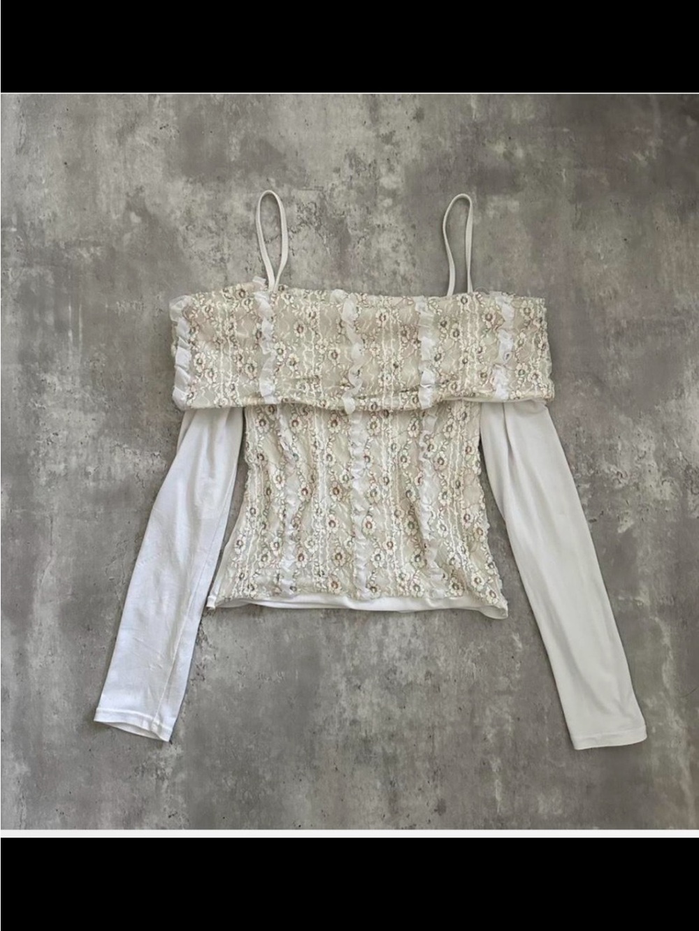 Ivory Lace Overlay Off-Shoulder Camisole with Long Sleeves